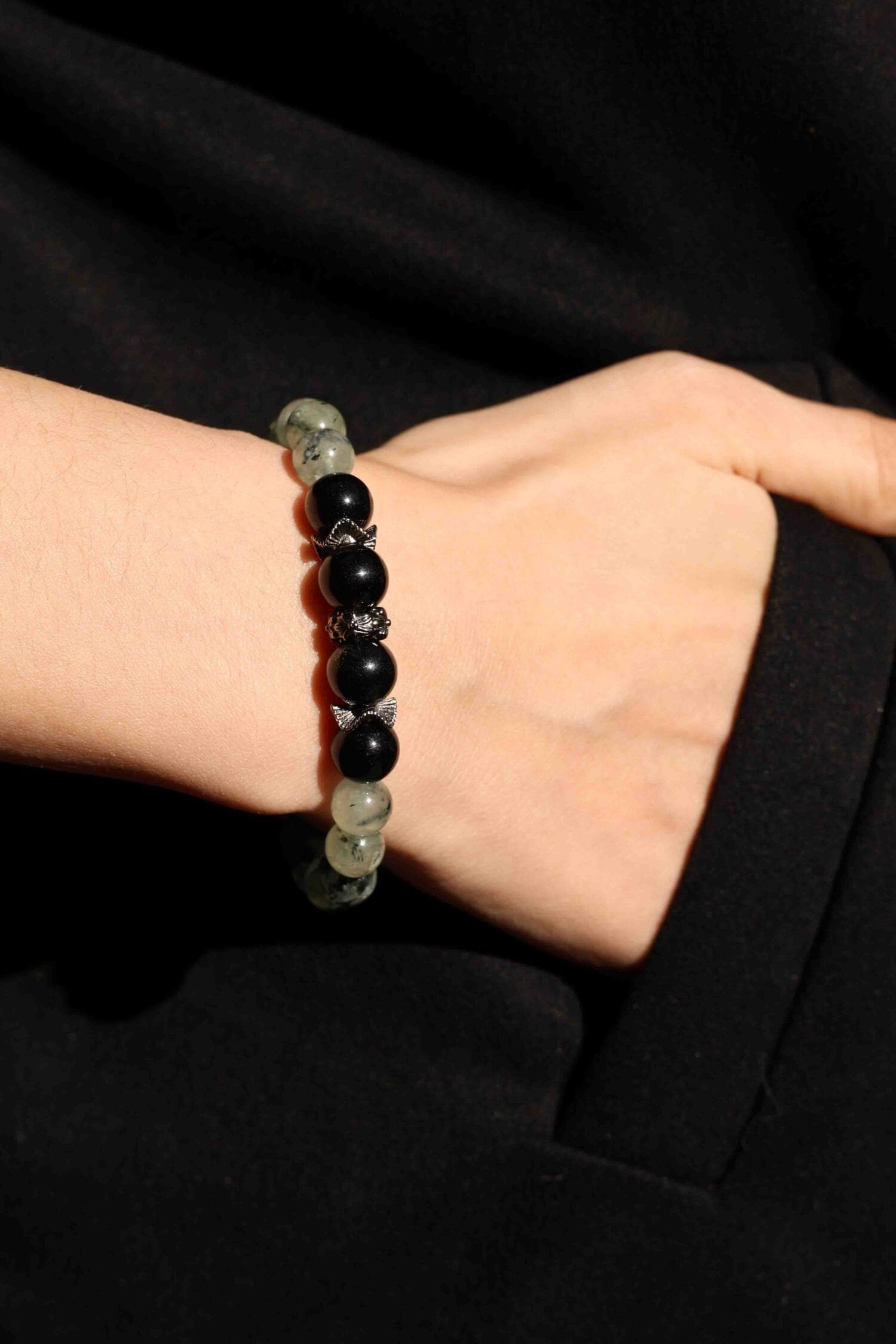 Prehnite mixed Silver Obsidian Bracelet(8mm)